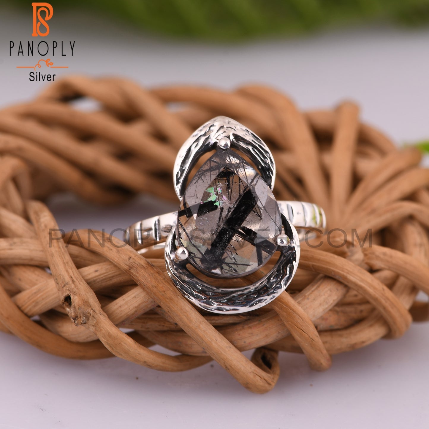 Black Rutile Pear 925 Sterling Silver Ring For Mother