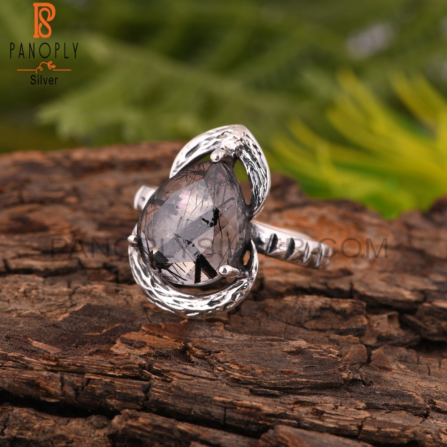 Black Rutile Pear 925 Sterling Silver Ring For Mother