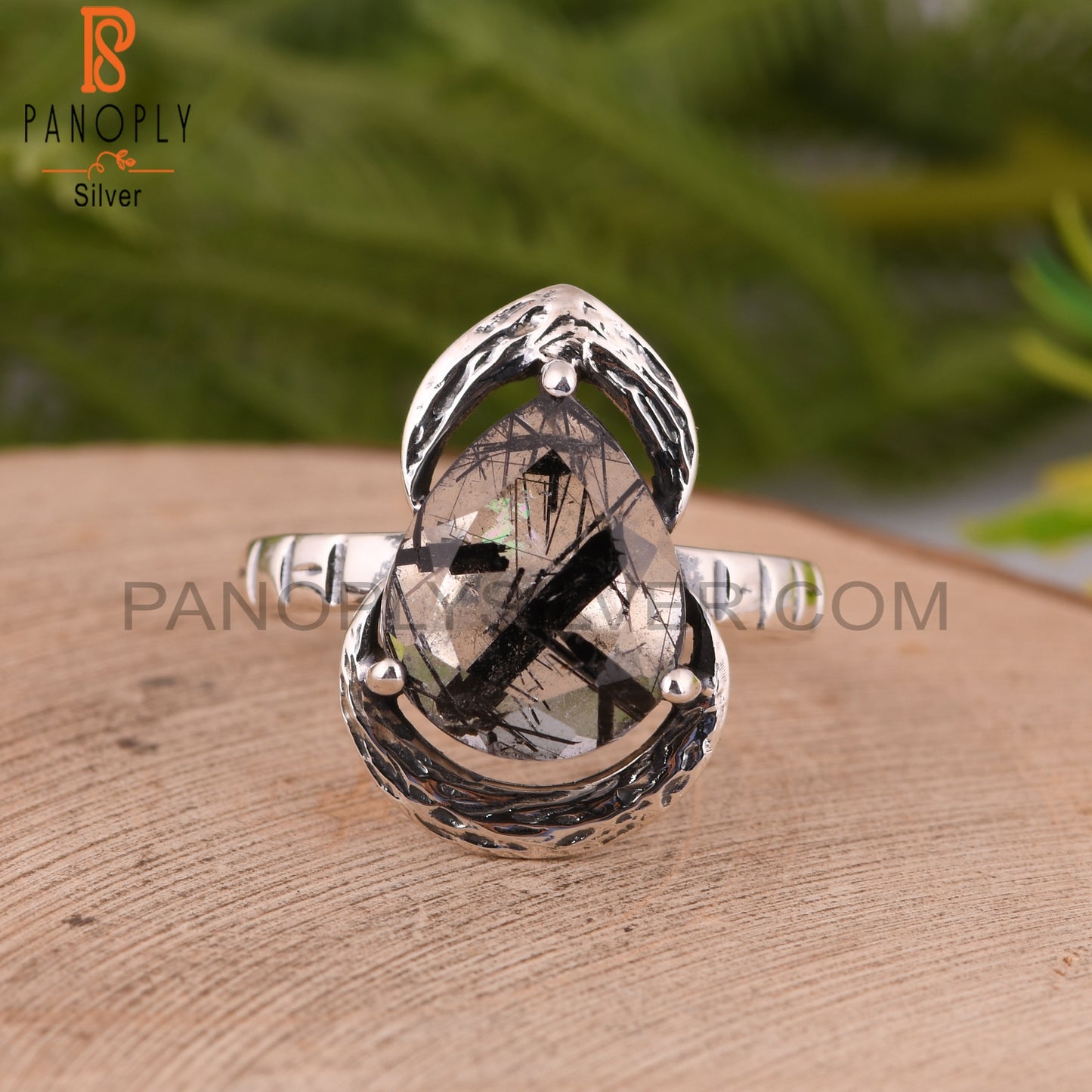 Black Rutile Pear 925 Sterling Silver Ring For Mother