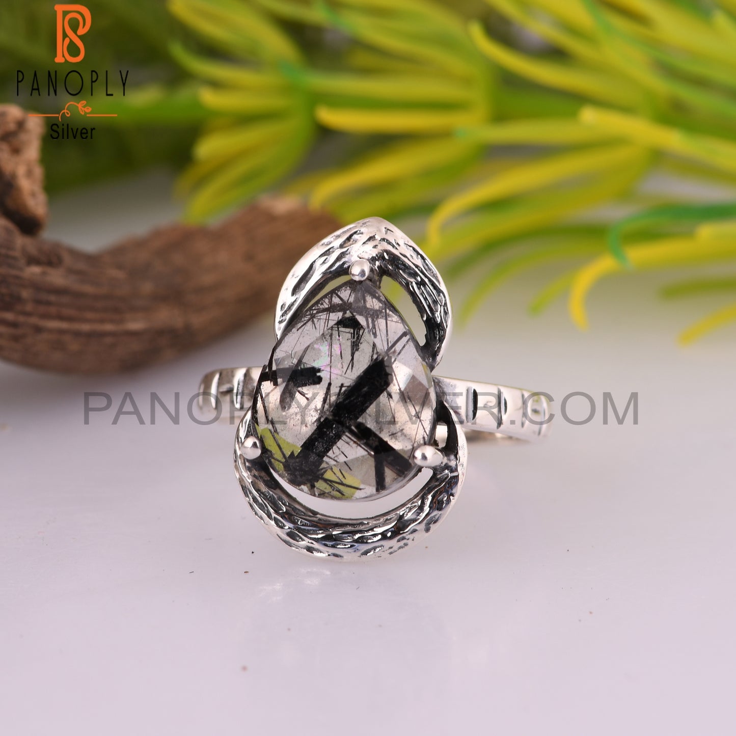 Black Rutile Pear 925 Sterling Silver Ring For Mother