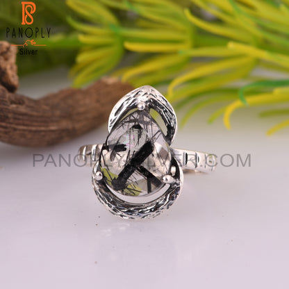 Black Rutile Pear 925 Sterling Silver Ring For Mother