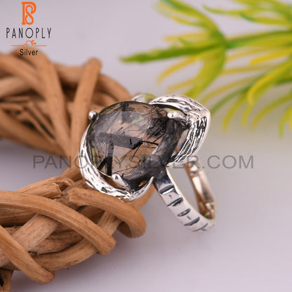 Black Rutile Pear 925 Sterling Silver Ring For Mother