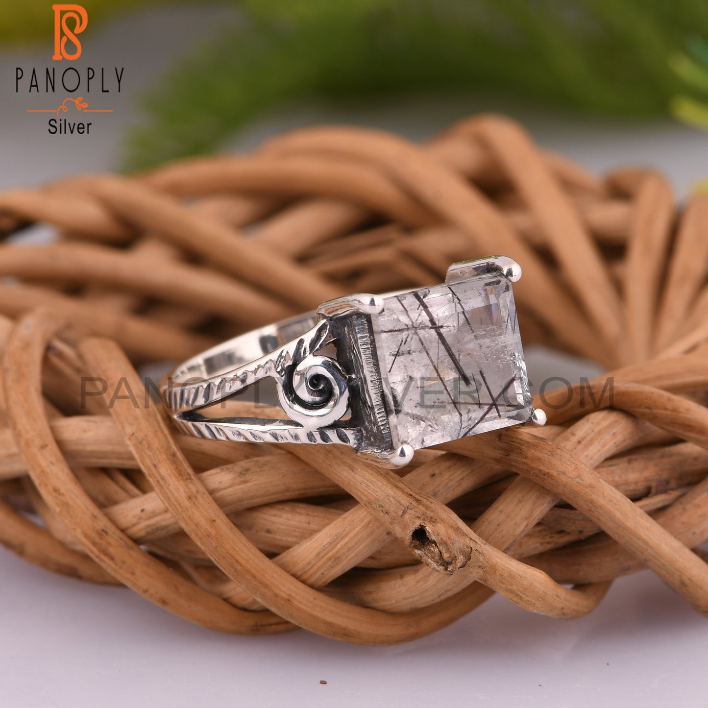 Black Rutile Square 925 Sterling Silver Ring For Father