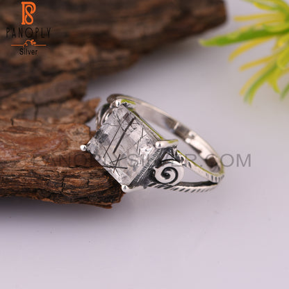 Black Rutile Square 925 Sterling Silver Ring For Father