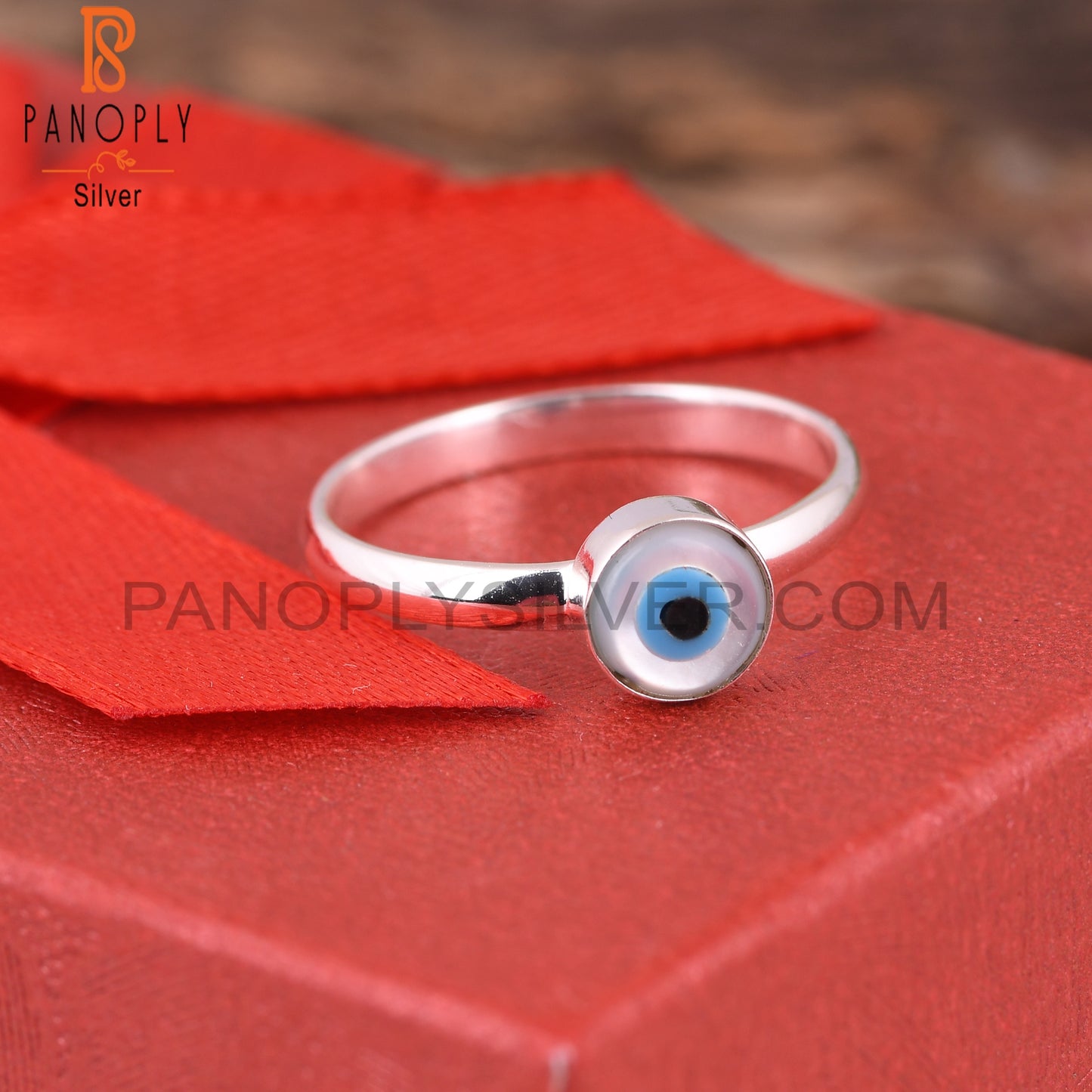 Mother of Pearl Evil Eye 925 Sterling Silver Ring