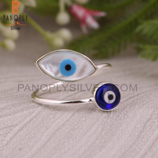 Mother of Pearl, Blue Resin Evil Eye 925 Sterling Silver Ring