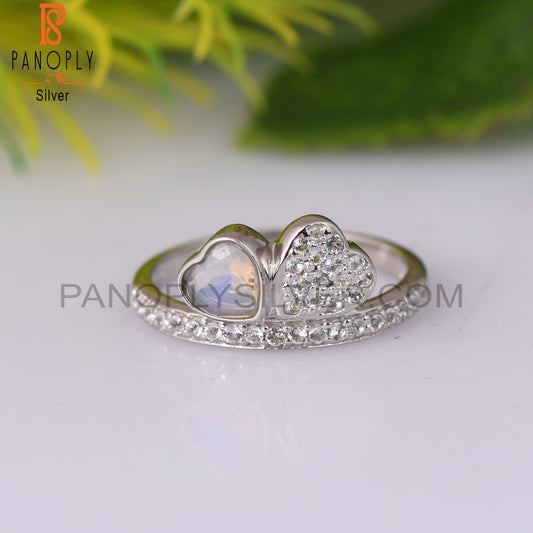 White Topaz & Love 925 Sterling Silver Two Heart Shape Ring