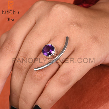 Amethyst Round 925 Sterling Silver Moon Ring