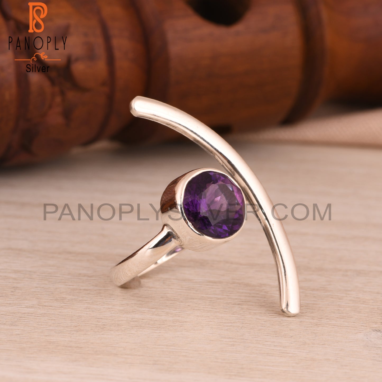 Amethyst Round 925 Sterling Silver Moon Ring