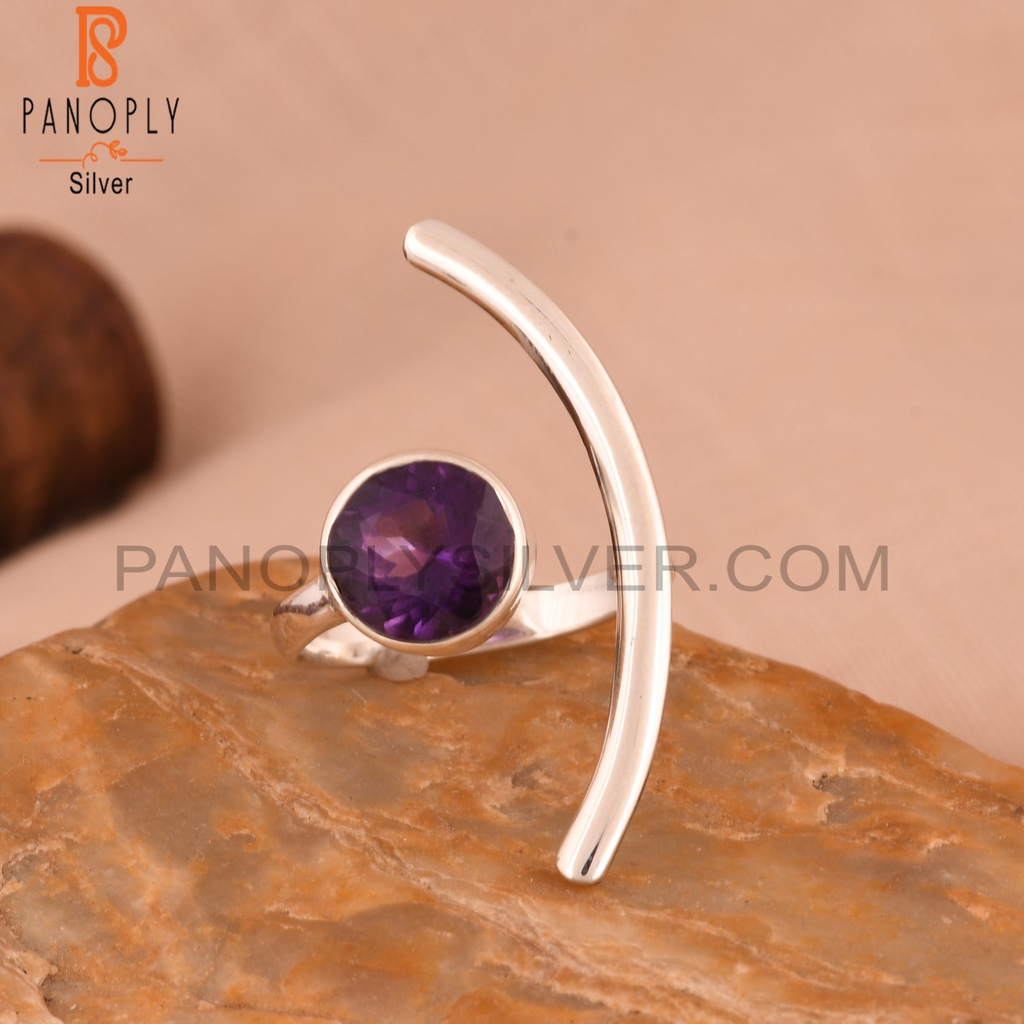 Amethyst Round 925 Sterling Silver Moon Ring