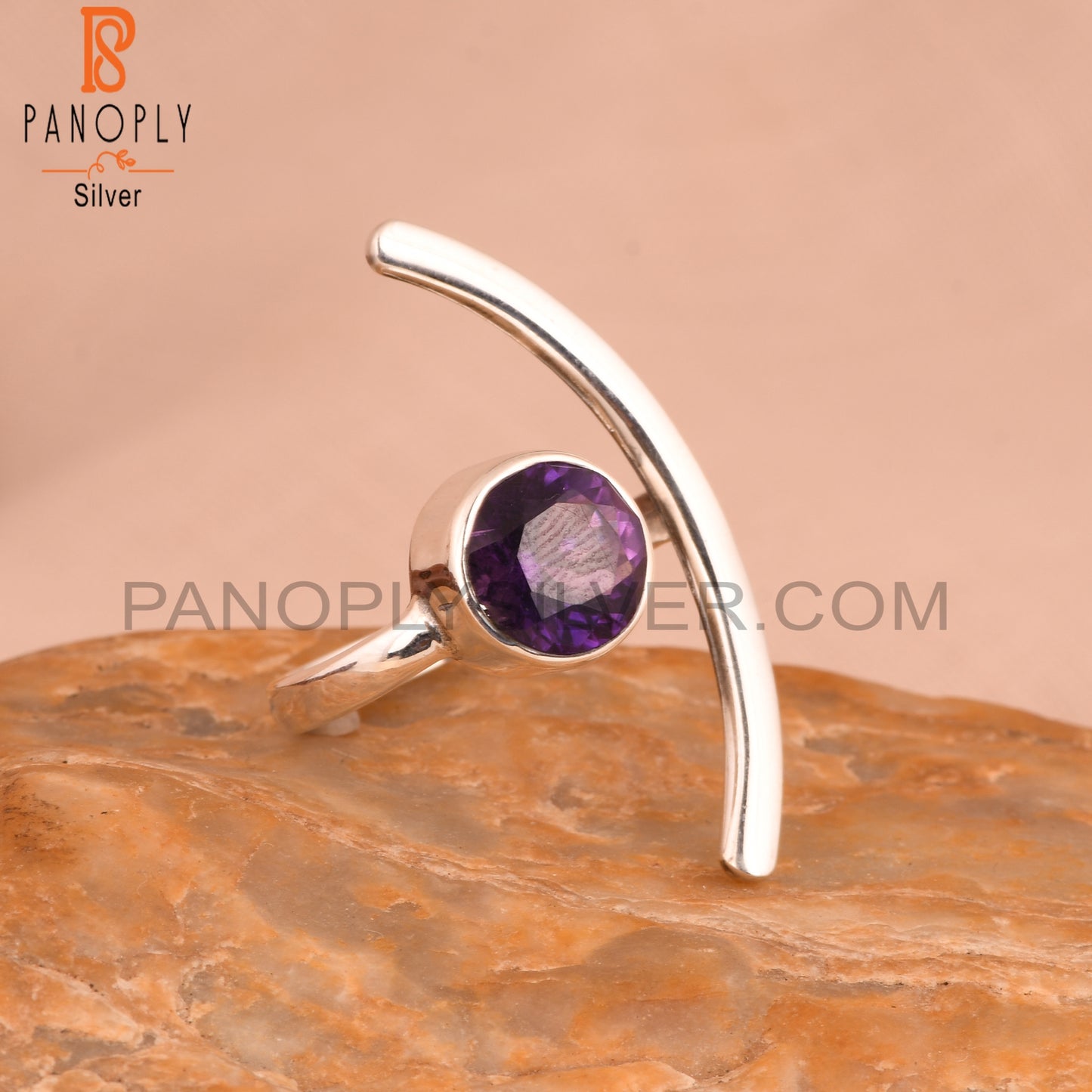 Amethyst Round 925 Sterling Silver Moon Ring