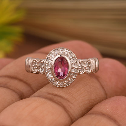 White Topaz & Pink Topaz Oval 925 Sterling Silver Ring