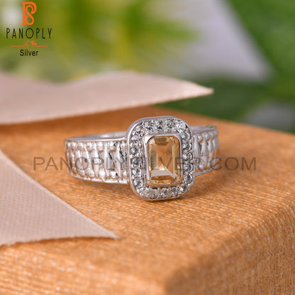 Citrine & White Topaz Cushion 925 Sterling Silver Ring