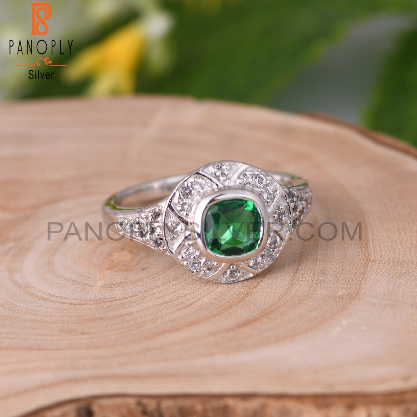 Glass Green & White Topaz Round 925 Sterling Silver Ring