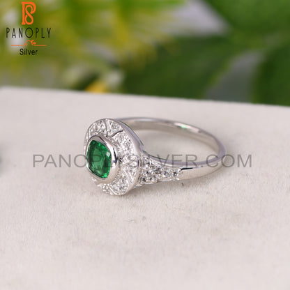 Glass Green & White Topaz Round 925 Sterling Silver Ring