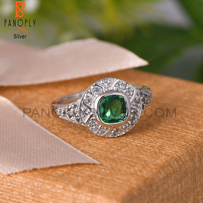 Glass Green & White Topaz Round 925 Sterling Silver Ring