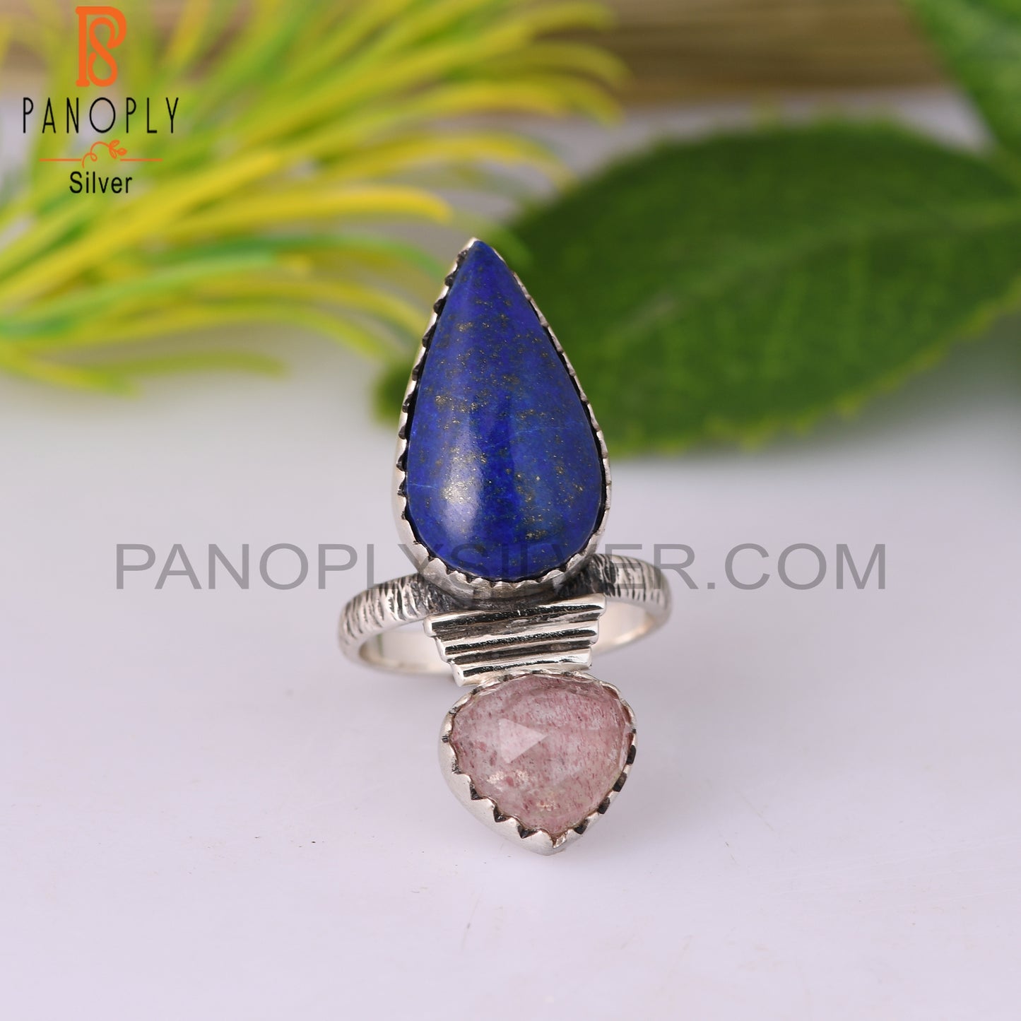 Strawberry Quartz & Lapis Pear Shape 925 Sterling Silver Ring