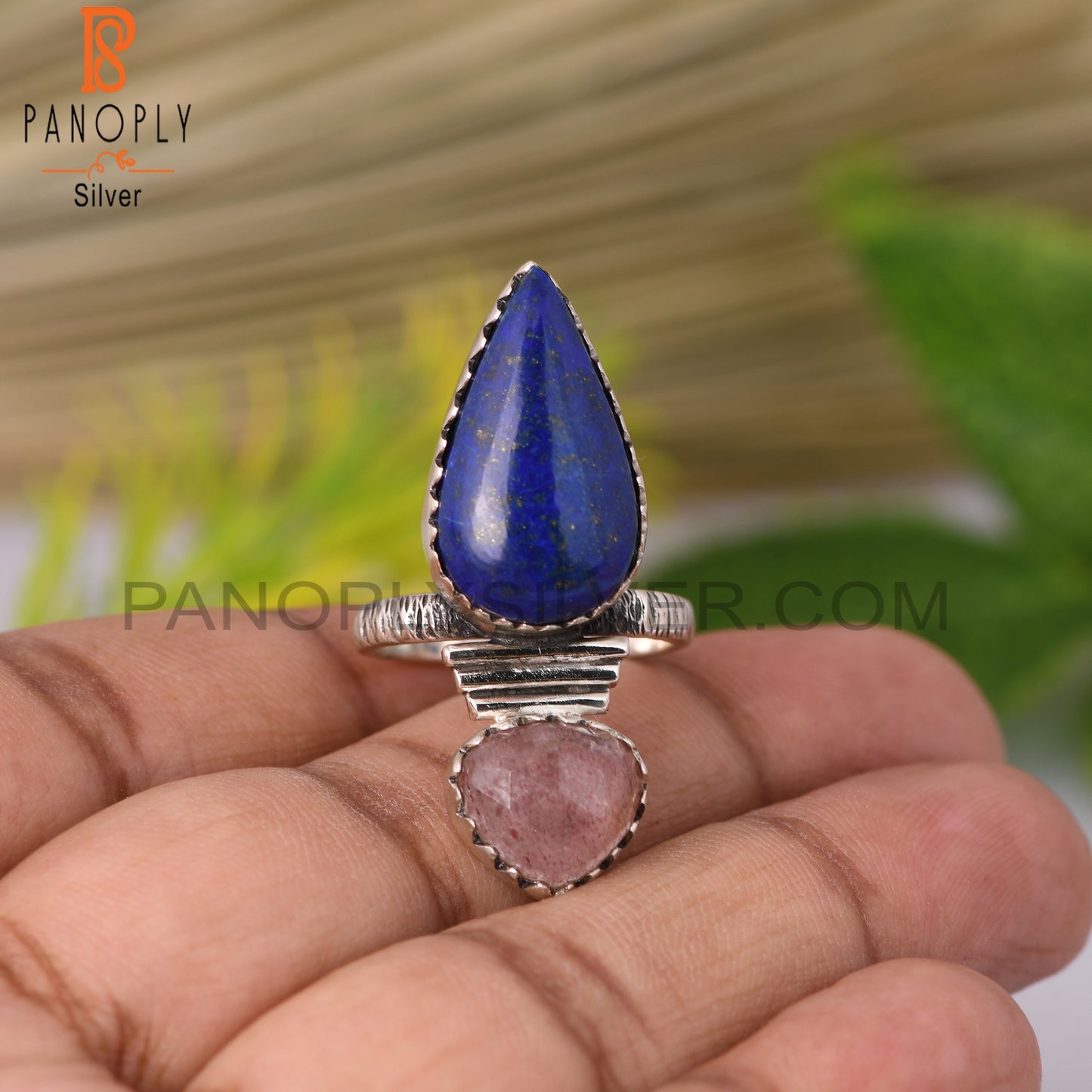 Strawberry Quartz & Lapis Pear Shape 925 Sterling Silver Ring