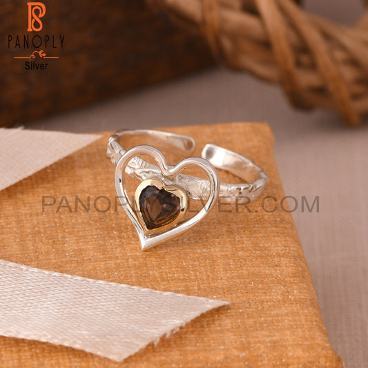 Smoky Two Tone Heart Shape 925 Sterling Silver Ring