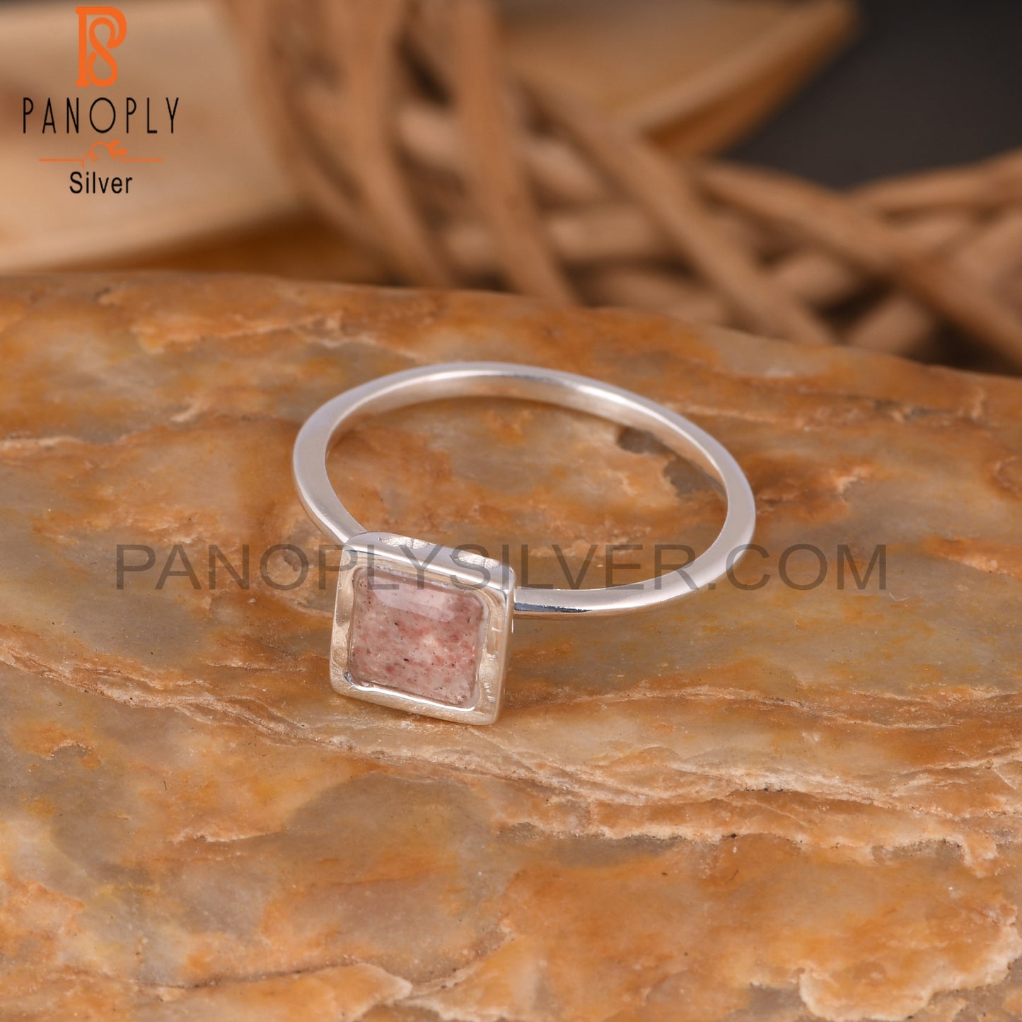 Strawberry Quartz Square 925 Sterling Silver Beautiful Ring