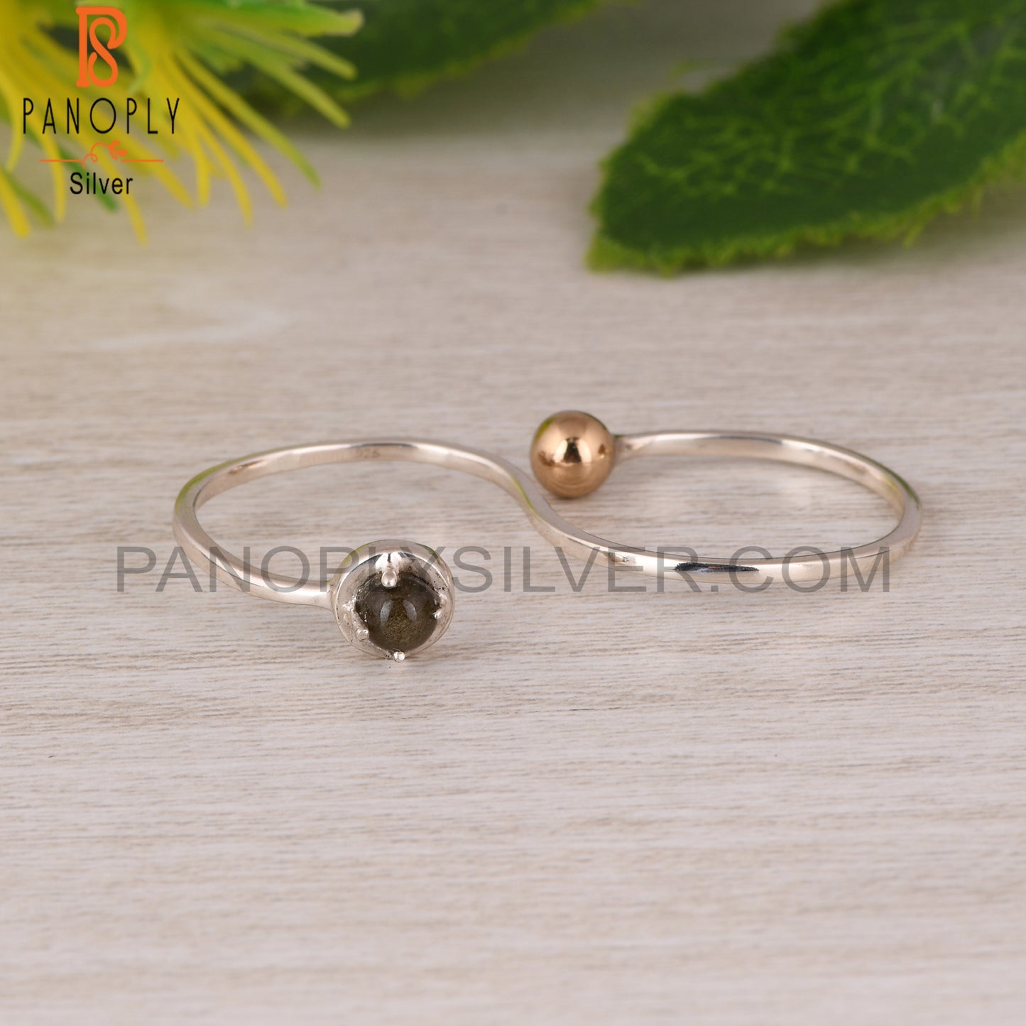 Gold Sheen Obsidian Prong Set And Ball Link 925 Silver Ring