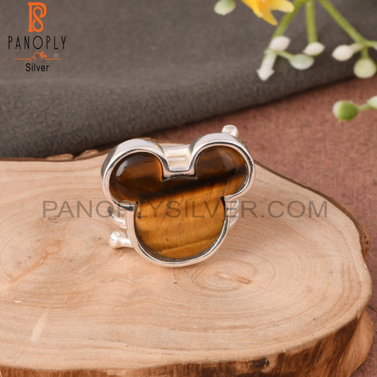 Tiger Eye Yellow Mickey Mouse Shape 925 Silver Wide Ring