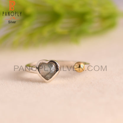 Adjustable Labradorite Heart 925 Sterling Silver Ring