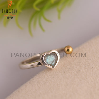 Adjustable Labradorite Heart 925 Sterling Silver Ring