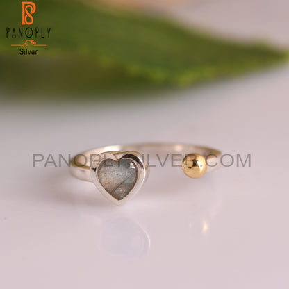 Adjustable Labradorite Heart 925 Sterling Silver Ring