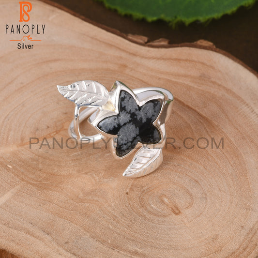 Snowflake Obsidian Flower Shape 925 Sterling Silver Leaf Ring