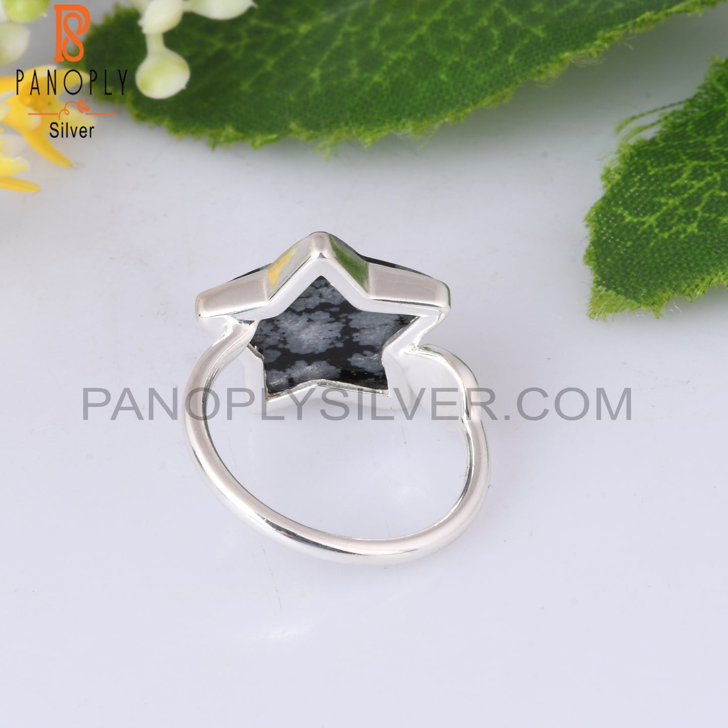 Snowflake Obsidian Flower Shape 925 Sterling Silver Star Ring