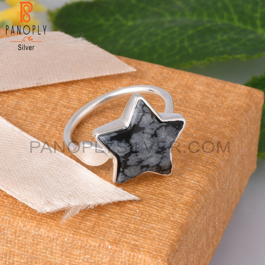 Snowflake Obsidian Flower Shape 925 Sterling Silver Star Ring