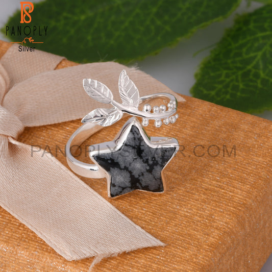 Snowflake Obsidian Flower Adjustable 925 Silver Leaf Ring