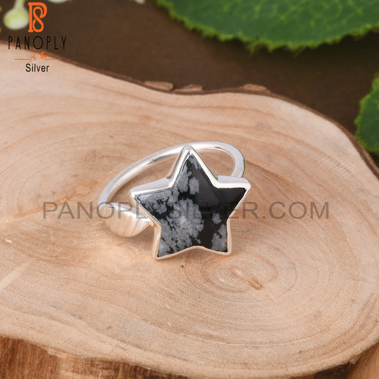 Snowflake Obsidian Star Shape 925 Sterling Silver Flower Ring