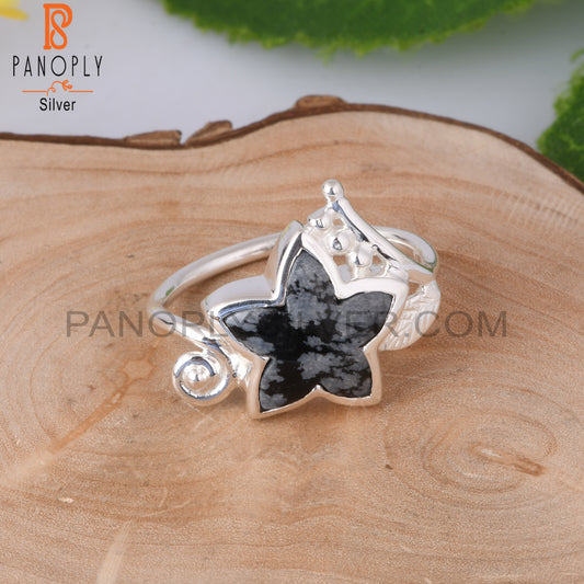 Branch Flower Snowflake Obsidian 925 Sterling Silver Ring