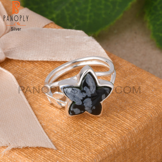 Leaf Snowflake Obsidian Star Shape 925 Sterling Silver Ring