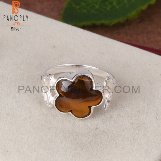 Tiger Eye Yellow Sunflower Shape 925 Silver Leaf Band Ring