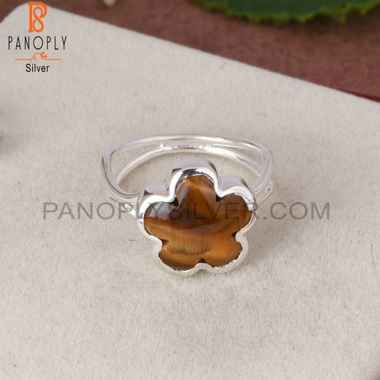 Tiger Eye Yellow Sunflower 925 Silver Two Band Ring