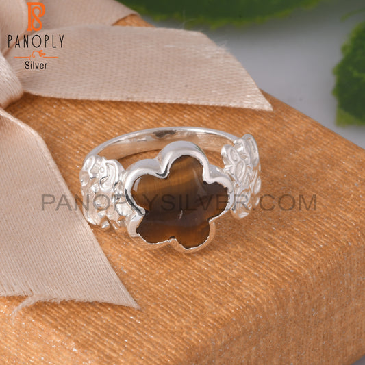 Tiger Eye Yellow Flower Shape 925 Sterling Silver Ring