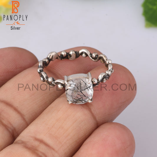 Black Rutile Cushion Shape 925 Sterling Silver Ring