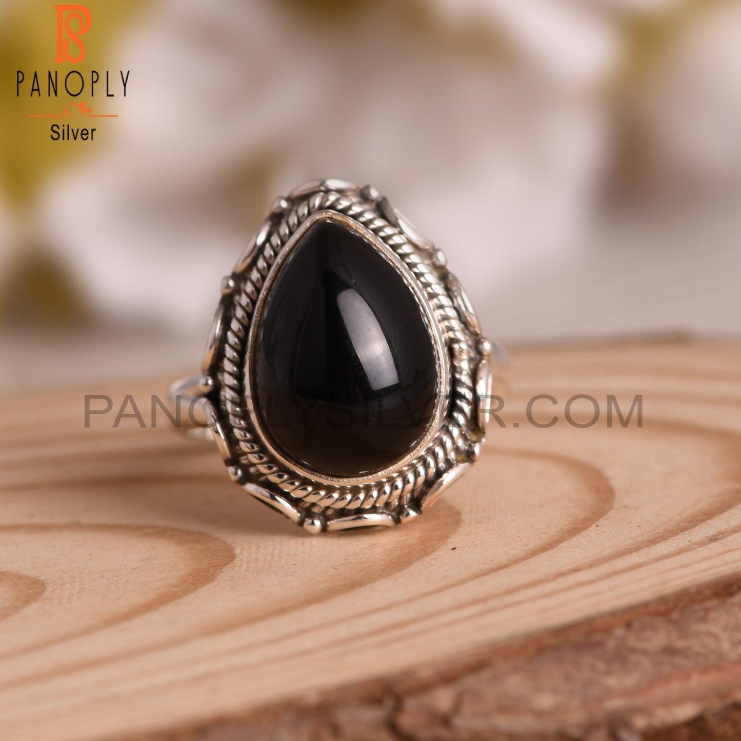 Black Onyx Pear 925 Sterling Silver Ring For Men