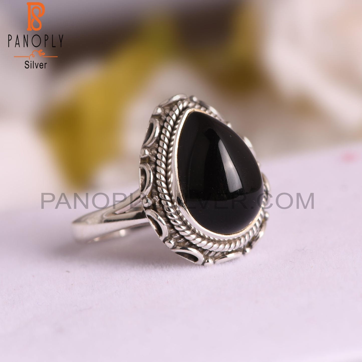 Black Onyx Pear 925 Sterling Silver Ring For Men