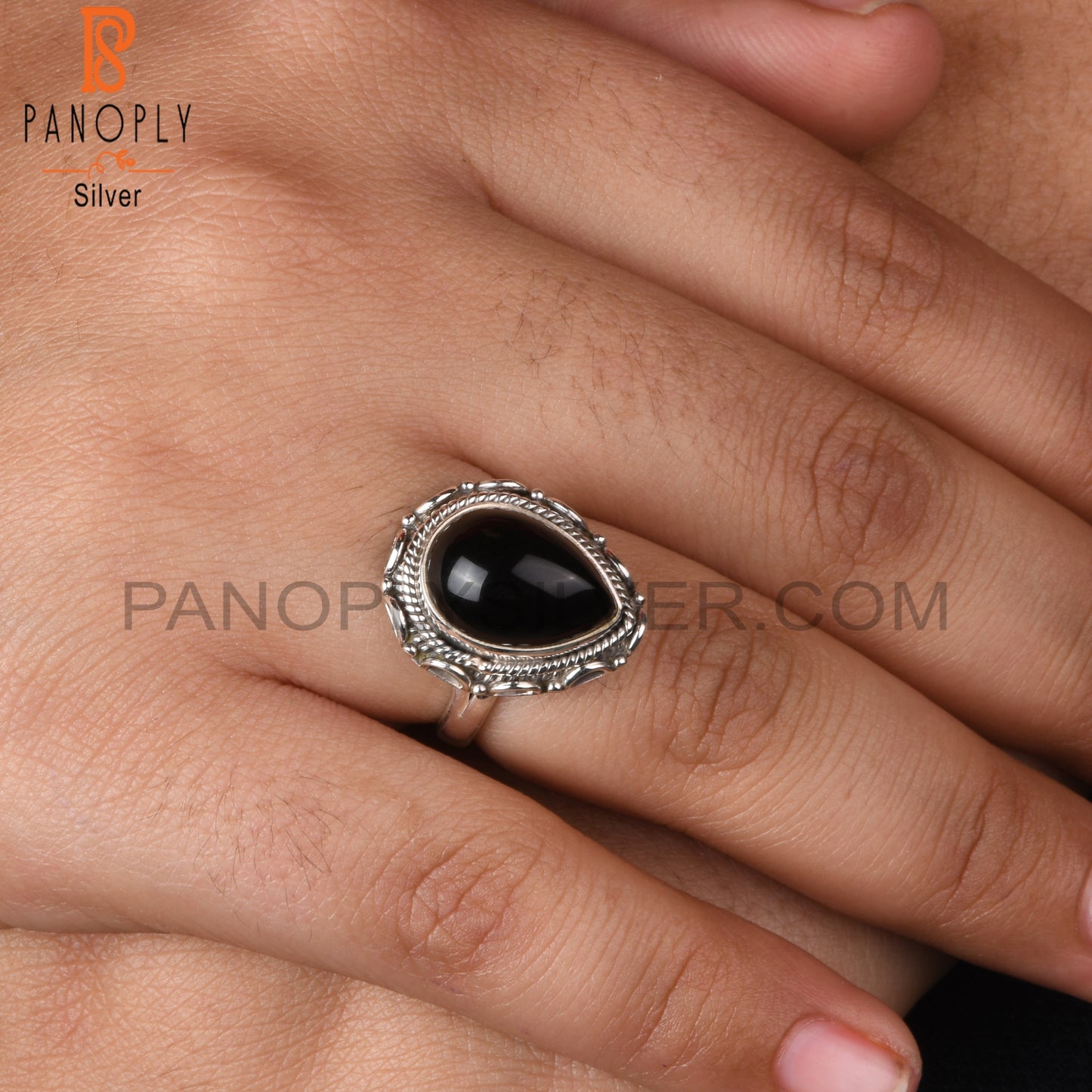 Black Onyx Pear 925 Sterling Silver Ring For Men