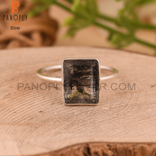 Black Rutile Baguette 925 Sterling Silver Stackable Ring